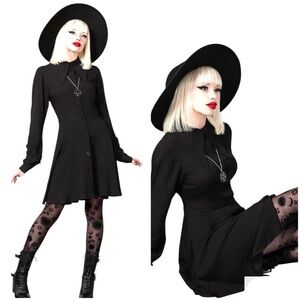 Killstar Kimaris Gothic A-Line Dress Long Collar in Black Sz S Witchcore Chic